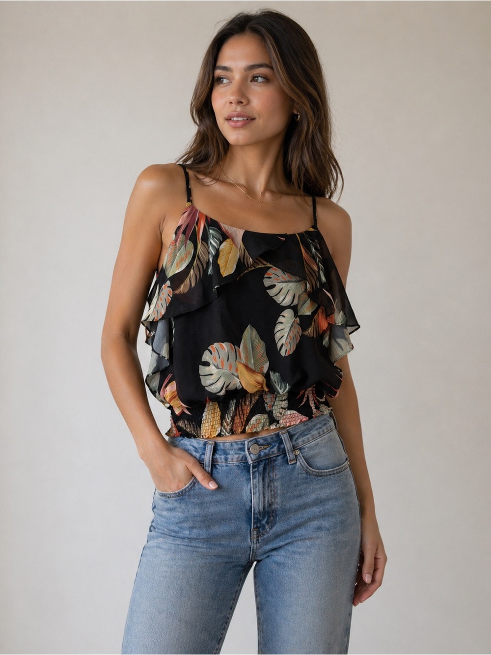 Tropical Leaf Ruffle Camisole in Black
